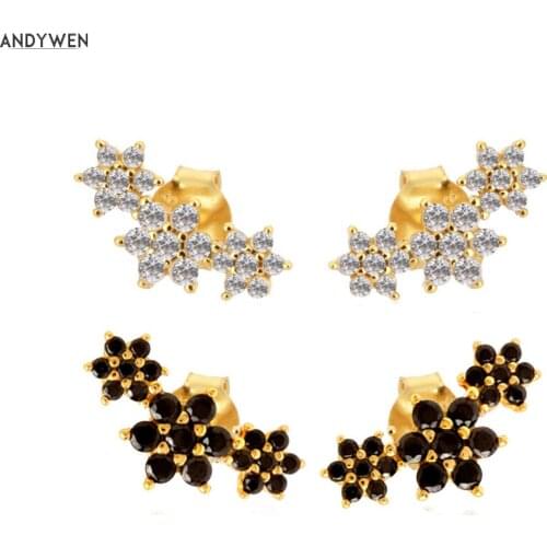 ANDYWEN 925 Sterling Silver Clear Black Zircon Three Flower Stud Earring 2020 Women Fashion Wedding Party Jewelry Crystal