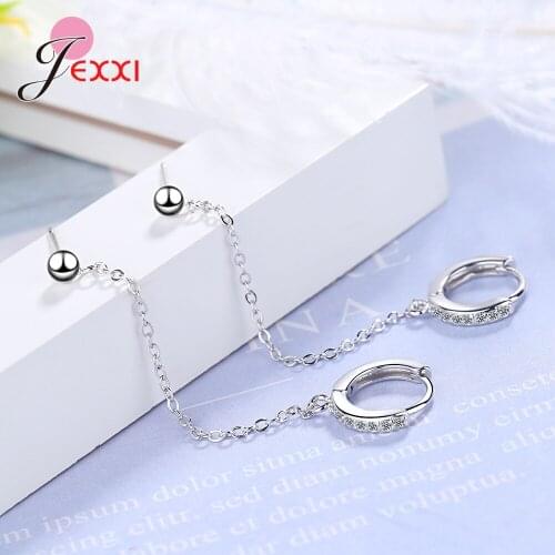 925 Sterling Silver Korean Simple Chain Double Hole Drop Earrings for Women Fashion Creative Jewelry Prevent Allergy
