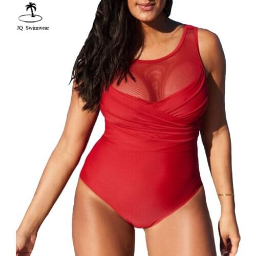 2019 New Plus Size One Piece Swimwear Criss Cross Ruched Mesh High Neck One Piece Beach Wear Swimsuit,XL-4XL