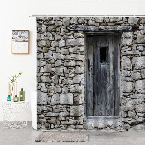Vintage Stone Wall Wooden Door Shower Curtain European Style Town Street View Landscape Bathroom Decor Curtain 3D Bath Supplies