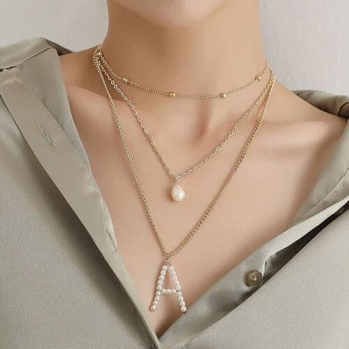 Vintage Multilayer Imitation Pearls Letter A Pendant Necklace for Women Elegant Geometric Clavicle Necklace Party Jewelry Gift