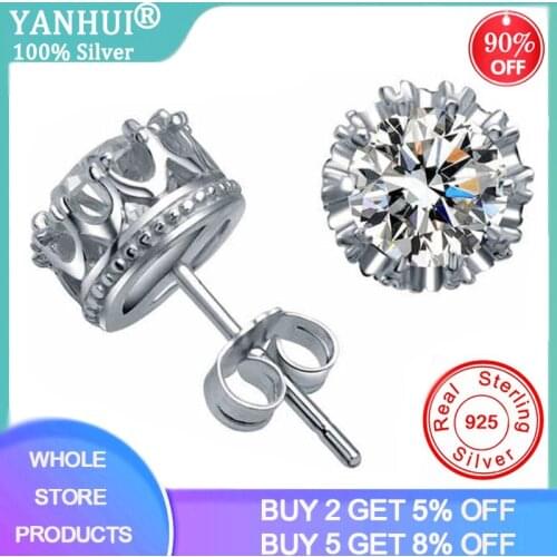 YANHUI With Certificate 2.0ct Lab Diamond Crown Earrings Women 925 Sterling Silver Stud Earrings Fine Jewelry Wholesale E019