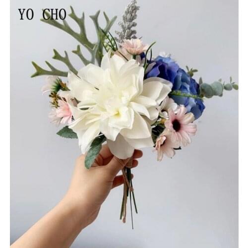 YO CHO Wedding Bouquet Artificial Silk Rose Flower Bridesmaid Bouquet Hydrangea Dahlia Eucalyptus Leaves Wedding Bouquets Flower