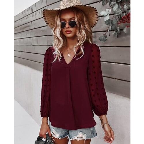 Spring and Autumn Ladies Fashion New Solid Color Sexy V-neck Three-dimensional Hair Ball Printing Long Sleeves T-shirt New Tops