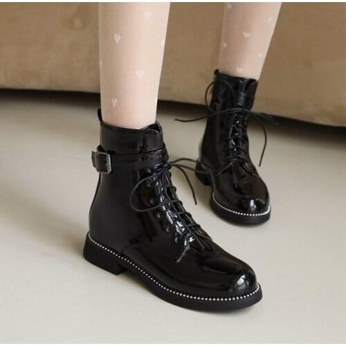 Patent Leather Cross Straps Side Zipper Women Ankle Boots Ankle Belt Buckle Shiny Patent Leather Short Tube Shoes Cheap 2022