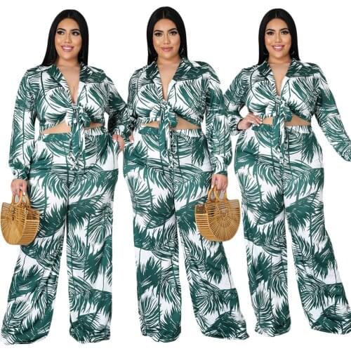 Big Size Two Piece Set Women Long Sleeve Plus Size Clothing Boho Printed Crop Top and Wide Leg Pants Elegant Casual Suit