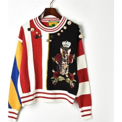 Runway Sweaters 2018 Winter Brand Luxury Buttons Kitty Women Jumpers Contrast Color O Neck Kint Tops Loose Vintage Pullovers