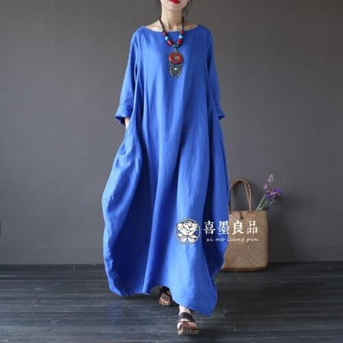 1638 hi Mo Spring Dress New Retro literature loose thin linen long womens dress sack Robe