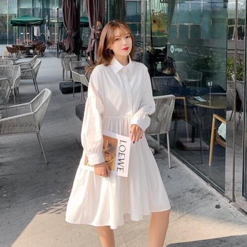 2021 Autumn new Korean womens dress pure, gentle and sweet chic solid color long sleeve Lapel single breasted shirt dress women