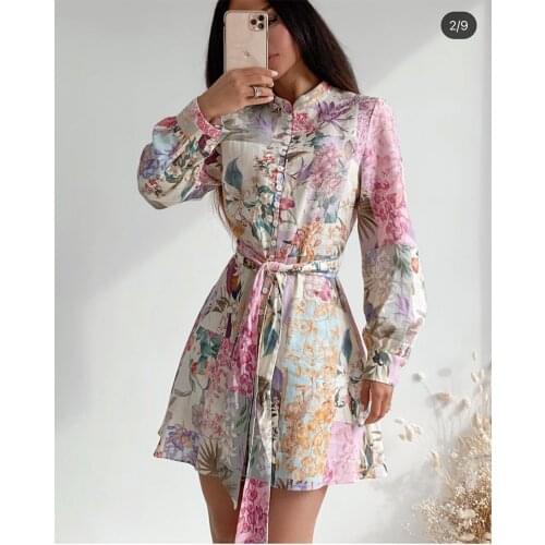 Women 2021 Chic Fashion Flower Print Mini Shirt Dress Vintage Three Qulater Sleeve Button-up Female Dresses Mujer
