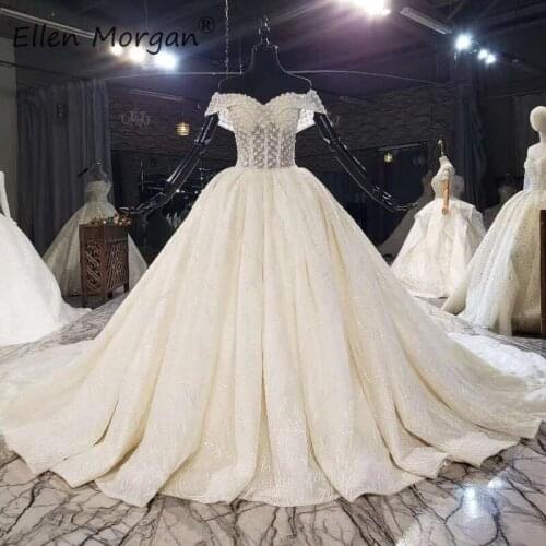 Off the Shoulder Lace Ball Gowns Wedding Dresses Real Photos Crystals Glitter Vestidos De Novia Princess Bridal Gowns 2020