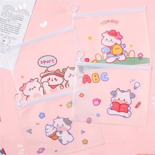 2pcs Cute Cartoon Cow Transparent File Folder Waterproof Document Storage Bag Kawaii Stationery School Office Supplies