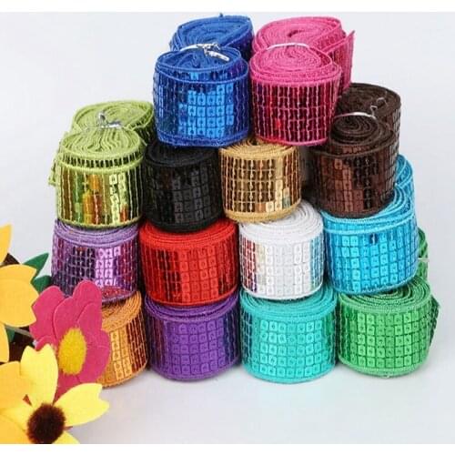 2 Yards/lot Shiny Beading Sequins Ribbon DIY Lace Fabric Trim For hand craft Dance Garments Head dress Wedding Party Decoration