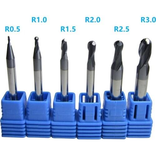 6PCS HRC45 2flutes R0.5,1.0,1.5 2.0,2.5 3.0*L50MM tungsten carbide ball nose end mills set bits milling cutter Lengthen