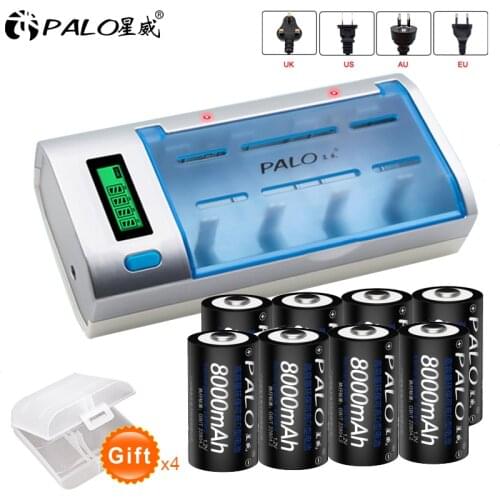 PALO 8pcs D size rechargeable battery type 1.2V 8000mAh NI-MH + smart fast charging LCD charger for Dsize D size type