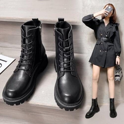Black Platform Combat Ankle Boots For Women Lace Up Buckle Strap Woman Shoes Biker Boots Ankle Boots shoes women