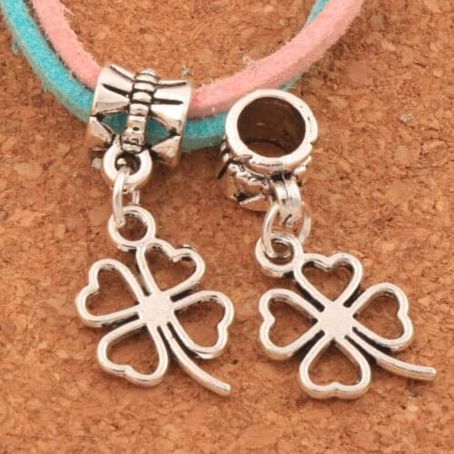 Open Heart Clover Leaf Big Hole Beads 40PCS Zinc Alloy Dangle Fit European Charm Bracelets B368 11.2x26.3mm