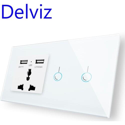 Delviz Universal jack, USB socket with Touch Switch, Phone charging socket, 2way AC110~240V, UK Crystal Glass Panel light Switch