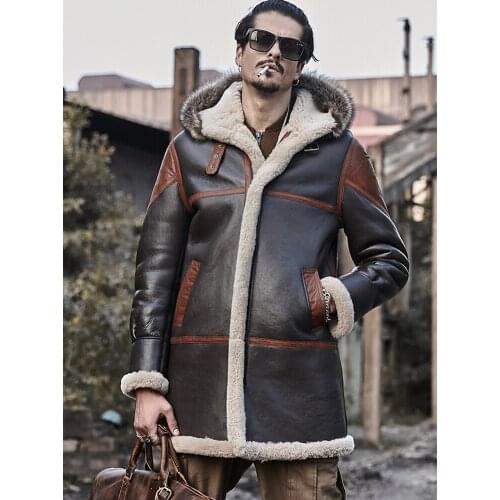 Shearling Coat Mens Brown B3 Bomber Jacket Hooded Leather Jacket 2019 New Mens Winter Coats Long Fur Jacket Trench Coat