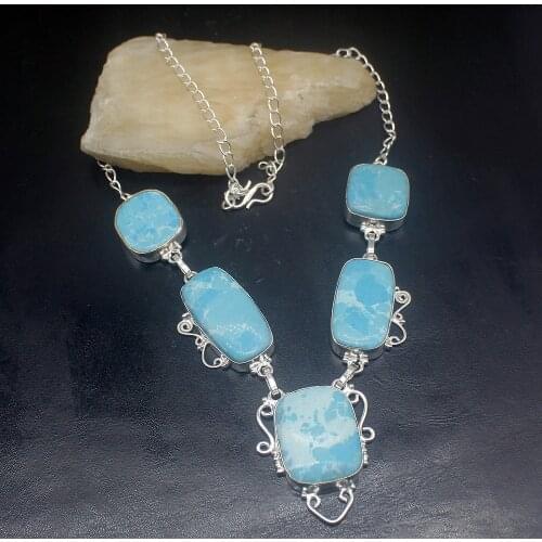 Hermosa Jewelry Trendy Unique BlueJasper Silver Color Women Ladies Gifts Pendant Necklace Chain 48cm 20213392