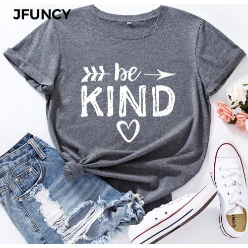 JFUNCY 100% Cotton Womens T-shirt Be Kind Letter Graphic Tees Female T Shirt Women Tops Plus Size Short Sleeve Casual Tshirt
