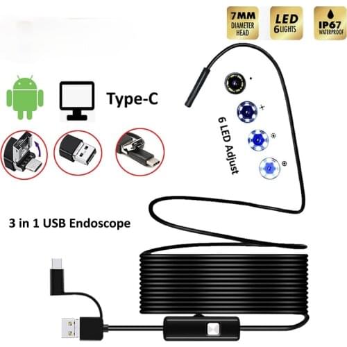 Endoscope Camera 7MM 3 in 1 USB Mini Camcorders IP67 Waterproof 6 LED Borescope Inspection Camera For Windows Macbook PC Android