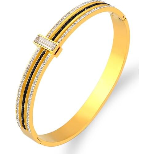 Cubic Zirconia Bracelet 2021 Summer Titanium Steel Gold Bangles For Women White Black Rhinestone Bracelets Wrist Couple Jewelry
