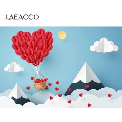 Laeacco Red Heart Balloons Basket Cloud Birthday Party Baby Cartoon Photo Backdrops Photographic Backgrounds For Photo Studio
