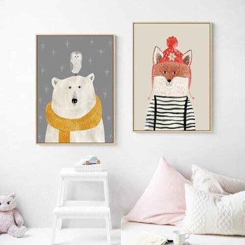 Cartoon Bear Fox Owl Deer Dog Cat Raccoon Canvas Painting Nordic Style Posters and Prints Wall Art Pictures for Kids Room Decor