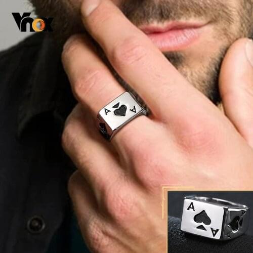 Vnox Cool Poker Signet Ring for Men, Solid Stainless Steel Square Top Stamped A Heart Finger Band, Punk Rock Vintage Gothic Ring