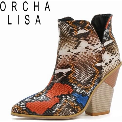 ORCHALISA 2021 Lady Novelty Boots Alligator Texture Pointed Toe Slip On 10CM Strange Block Heel US16 17 Black Yellow Blue A4429