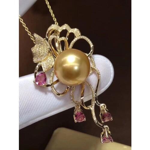 D118 Fine Pearls Pendants 18K Natural Ocean Sea Gold Pearls 13-14mm Diamonds Pendant Necklaces for Women FIne Pearls Pendants