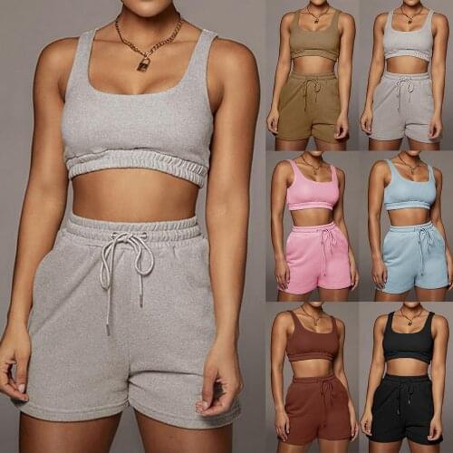 Casual Solid Sportswear Yoga Two Piece Sets Women 2021 Crop Top And Drawstring Shorts Matching Set Summer Athleisure Outfits