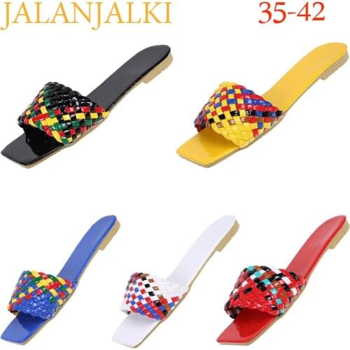 JALANJALKI Summer Women Slippers Fashion Colorful Design Flat Sole Women Flip-flops Square Toe Outdoor Femal Slides Lovely Shoes