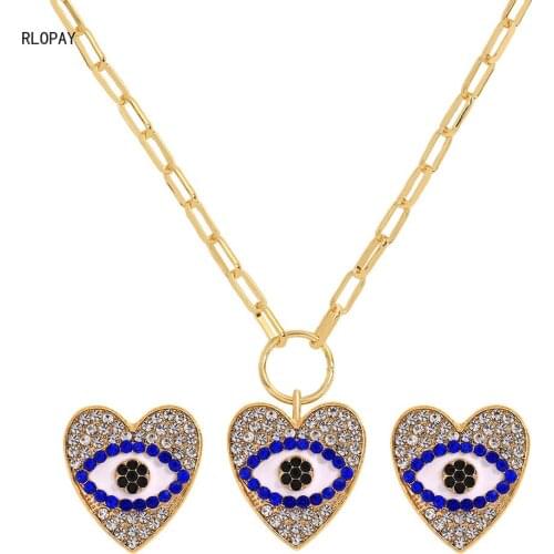 High Quality Evil Eye Pendant Earring Set Set Heart Shape Chain Necklace Turkish Desgin Gold Collarbone Necklace