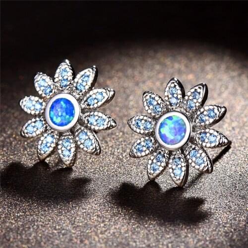 Boho Daisy Stud Earrings For Women 925 Sterling Silver Filled Round Blue White Fire Opal Snowflake Earrings Purple Charm Jewelry