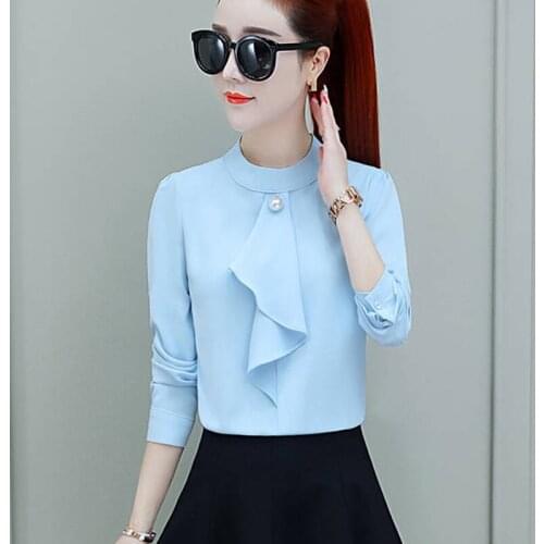 Women Spring Summer Style Chiffon Blouses Shirts Lady Casual Long Sleeve Stand Collar Bow Tie Blusas Tops ZZ0293