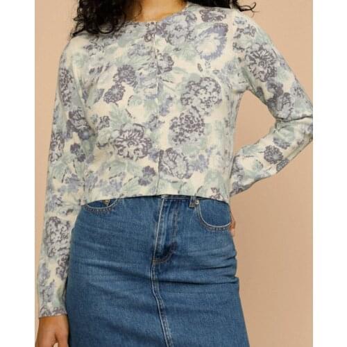 2021 Spring and Summer New Ladies Wool Blend Knitted Cardigan Floral Print Top Round Neck Sweater Women Cardigan