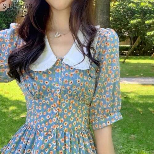Sweet Floral Print Summer Dress 2021 Fashion Women Chiffon Puff Sleeve Vintage Peter Pan Collar Boho Dress Casual Vestido 14036