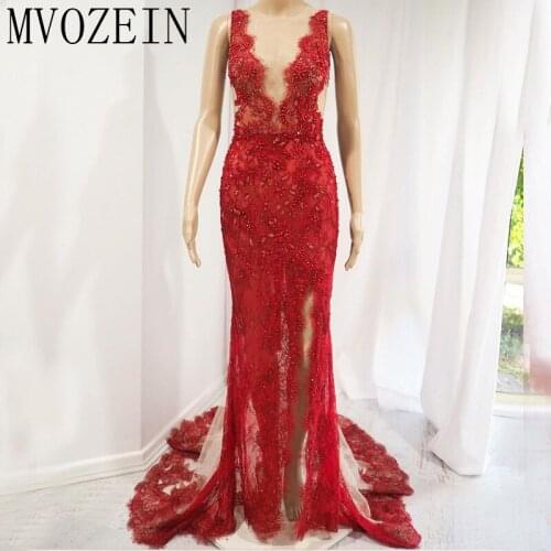 Vestidos Red Mermaid Evening Dress 2020 Deep V-Neck Sleeveless High Split See Through Long Evening Dresses Robe de soiree
