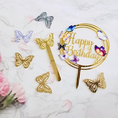 10pcs Happy Birthday Cake Toppers Cake Decoration Acrylic Paper Butterfly Cupcake Topper For Wedding Birthday Party Baby Shower