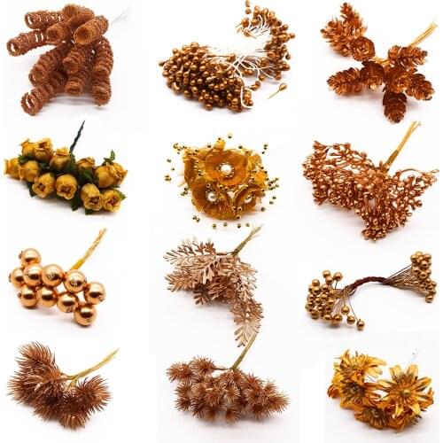 6/10/12/20/24/200pcs Gold Mixed Hybrid Flower Cherry Stamen Berries Bundle DIY Cake Christmas Wedding Gift Box Wreaths Decor