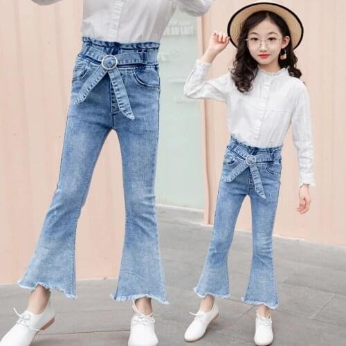Jeans For Girls Spring Solid Color Denim Flare Jeans Kids Bowknot Waist Pants Casual Teenager Trousers 6 8 10 12 13 14 Years