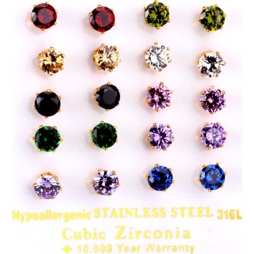 LUXUKISSKIDS CZ Stainless Steel Stud Earrings Set For Women 6mm 10 Pairs Round Shaped Earings Fashion Jewelry Brincos Set