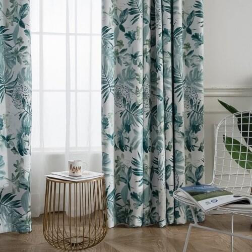 Nordic Linen Printing Curtains for Bedroom Thickened American Linen Shade Curtains for Living Room Green Leaves