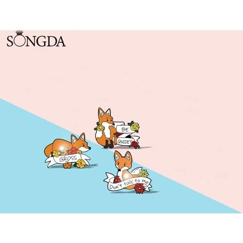 Cute Cartoon Fox Flower Banner Animal Brooch Enamel Pins Bag Denim Lapel Pins Badges Decoration Jewelry Gift for Kids Friends