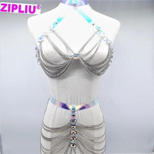 Fashion Sexy Harajuku Handmade Laser holographic Choker harness punk belt TOP Bra Spikes Chain torques club party set