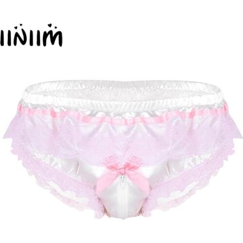 Mens Sissy Bikini Gay Lingerie Panties Shiny Ruffled Floral Lace Zipper Open Crotch High Cut Bulge Pouch Underwear Underpants