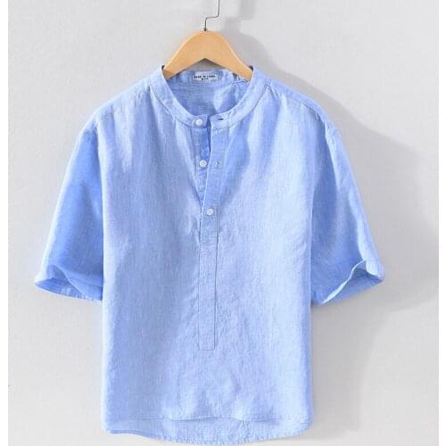 New style pure linen Italy Suehaiwes brand shirt men fashion casual stand collar half-sleeved summer shirts for men tops mens