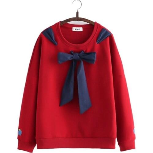 Solid Lace Up Fleece Women Sweatshirts 2021Winter Long Sleeve O-neck Plus Velvet Pullovers Sweet Style Female Harakuju Warm Tops